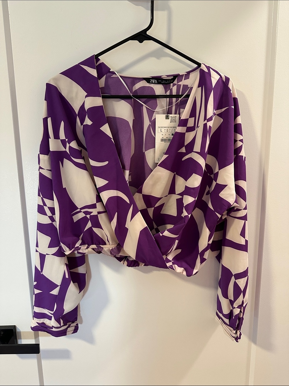 Zara Purple & Cream Abstract Surplice Crop Blouse
